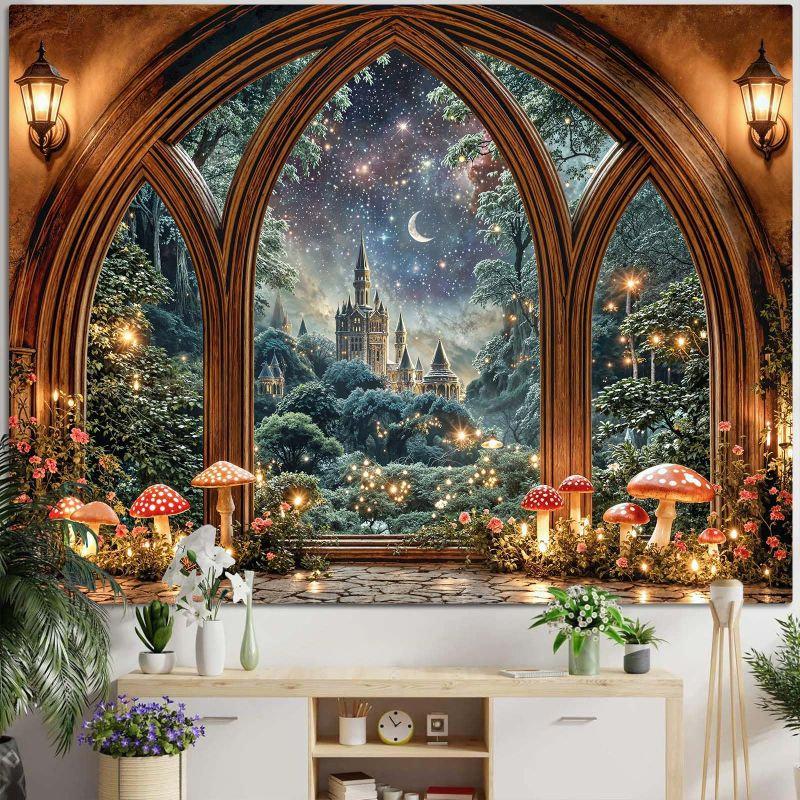 Winter Window View Tapestry Wall Hanging Snowy Castle Giant Mushroom Aurora Aesthetic Wall Art Bedroom Dorm Decor
