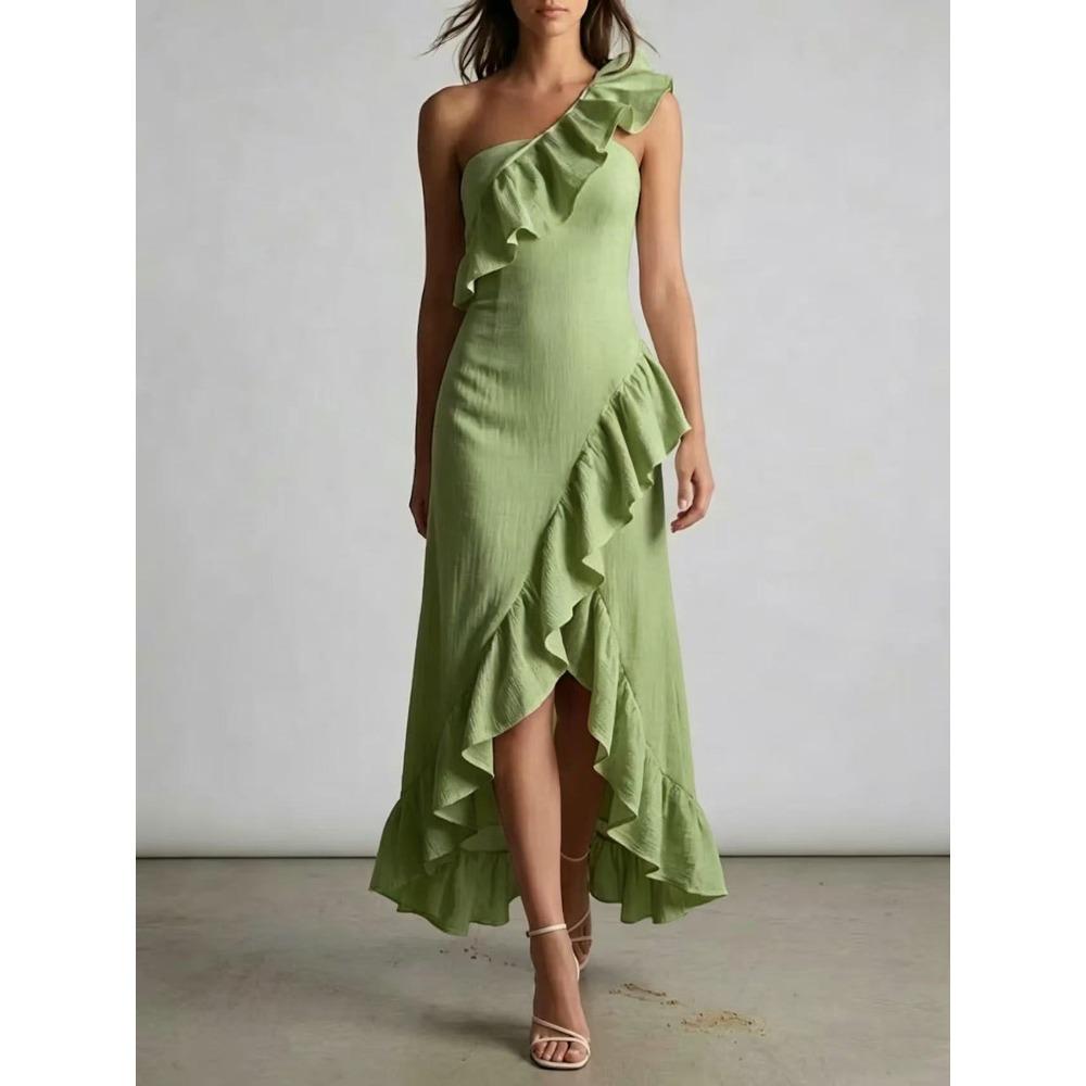 Women s One Shoulder Sleeveless Maxi Dress Slim Fit Mid Waist Elegant Ruffle Hem Long Dress S светло-зеленый