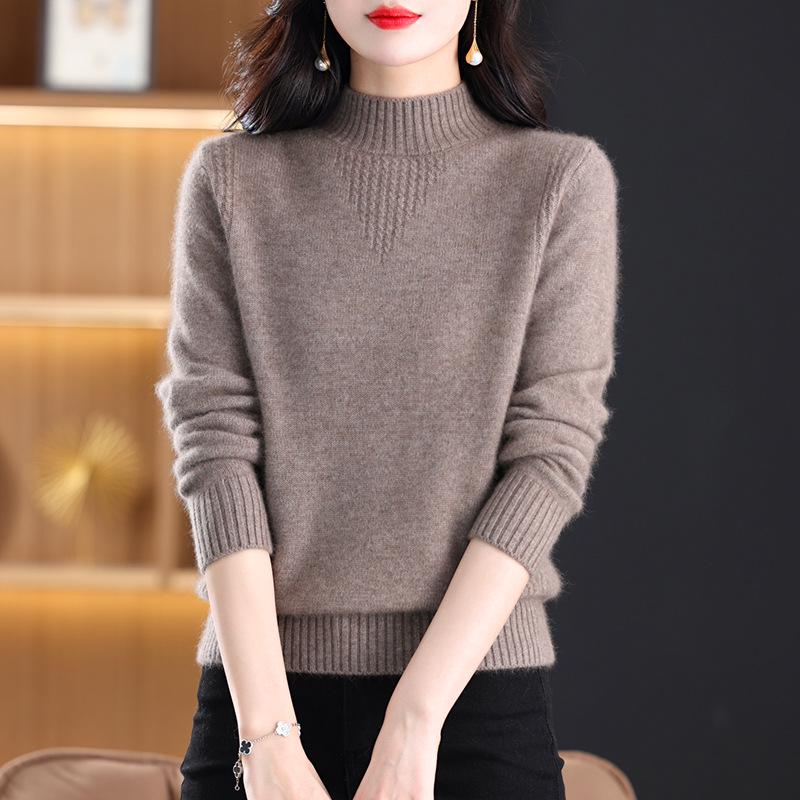 Women's 100% Wool Thick Knit Half-High Collar Winter Sweater for Middle-Aged and Elderly