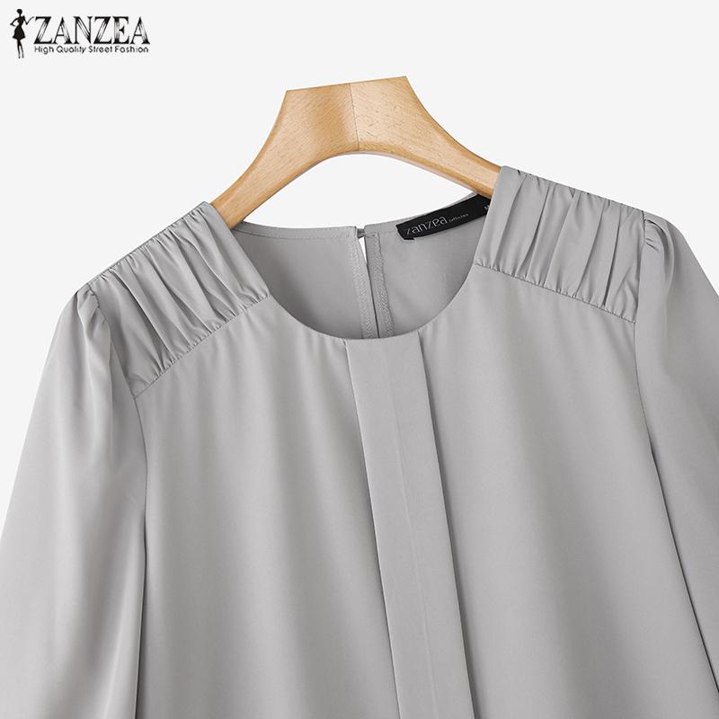 ZANZEA Women Casual Round Neck Solid Color Long Sleeve Blouse