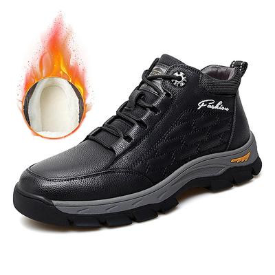 Men's Retro Genuine Leather Shoes, Men's Warm and Plush Layer Cowhide Casual High Top Shoes, Outdoor Cotton Shoes, Hiking Shoes