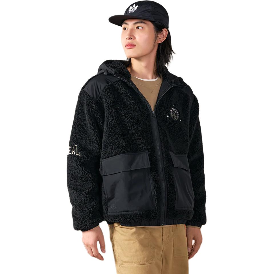 adidas Originals Trefoil Logo Patch Hooded Lambskin Jacket Unisex Jackets Black HS2004