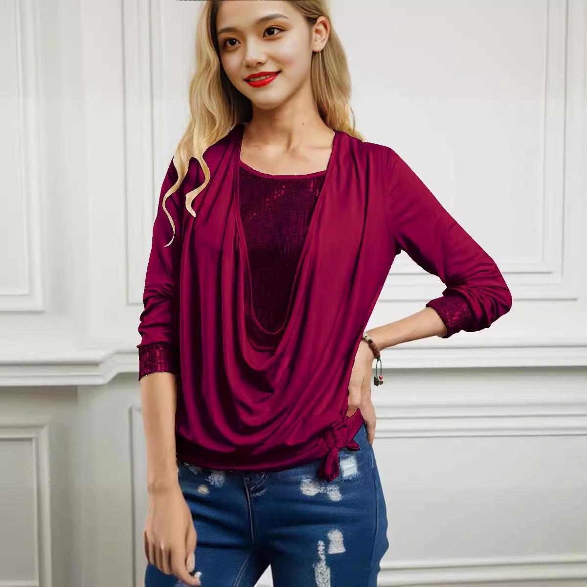 

Spring and Autumn Women s Two Pleated Fake Tops Draped Neck Pullovers Long Sleeve Top S бордовый