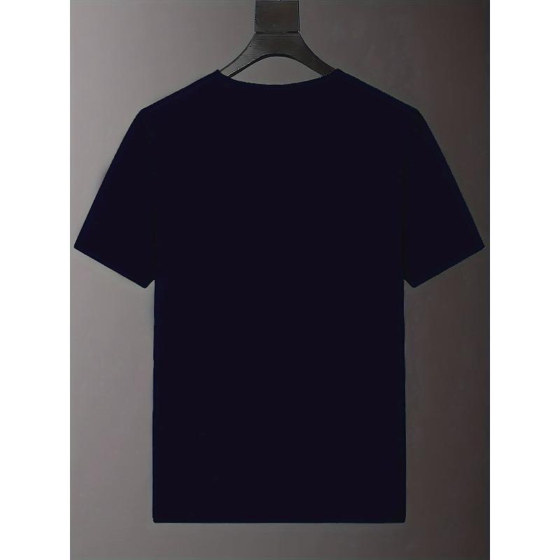 European Size Plus Size Print Men'S Summer Casual T-Shirt Featuring a Letter Design, Round Neck, Short Sleeves, Slight Stretch, Knitted Fabric