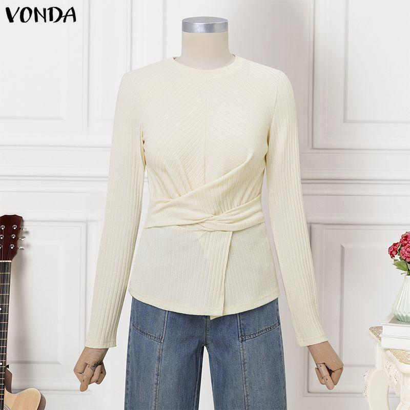 VONDA Women Casual Round Neck Long Sleeve Plain Front Cross Rib Blouse