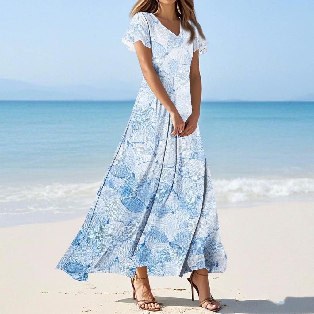 Damen Sommer Blumenmuster V-Ausschnitt Kurzarm Maxikleid Fließendes A-Linien Maxikleid Bohemian Urlaubs Strandkleid