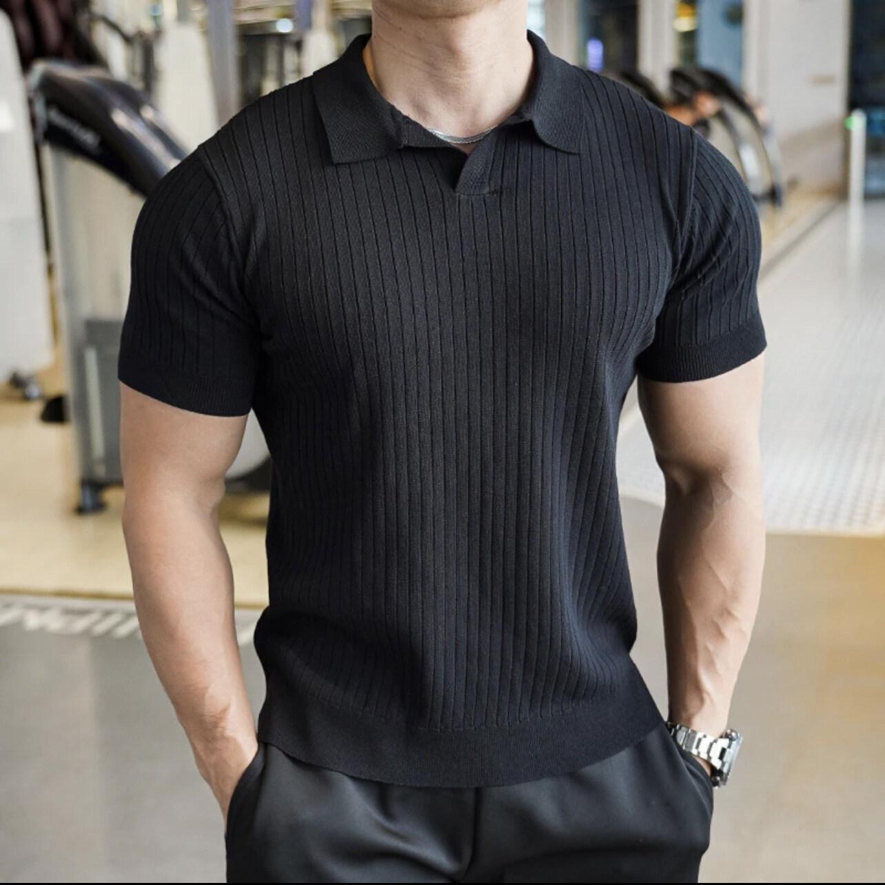 

2025 Summer Men Clothing Retro Knit Lapel Striped Polo Shirt Solid Color Short Sleeve T-Shirts Fashion Light Luxury Knitwear Tee 2XL чёрный