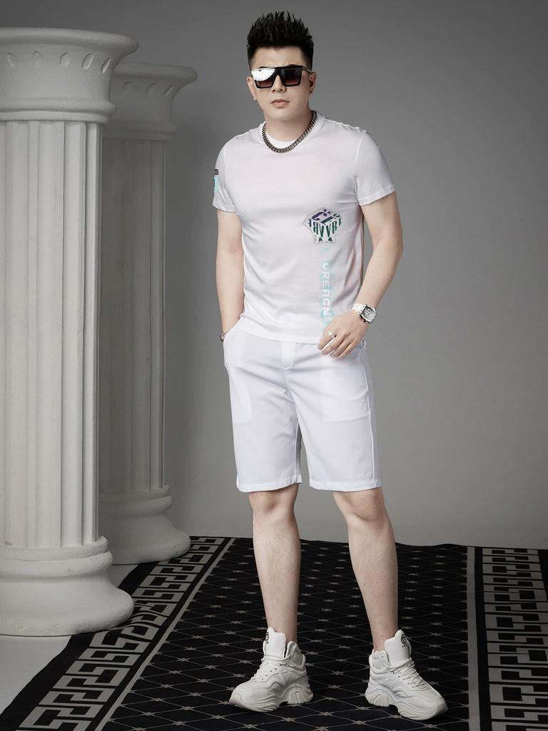 European Trendy Brand Letter Print Rhinestone Short-Sleeve T-Shirt for Men, Summer Round Neck Half-Sleeve Casual Top for Men