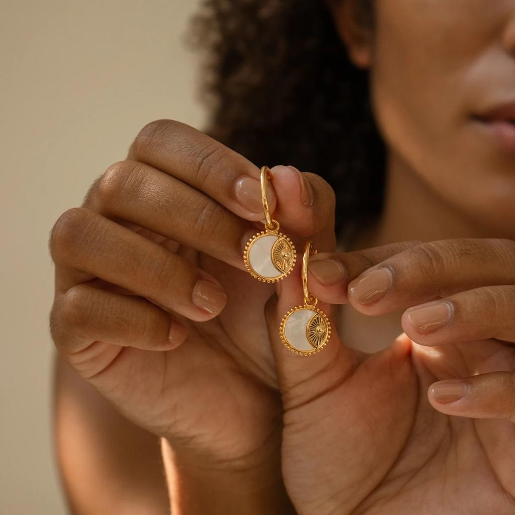 Retro Natürliche Muschel Sonne Mond Runder Kreis Anhänger Halskette für Frauen Edelstahl Gold Farbe Charms Creolen Ohrringe
