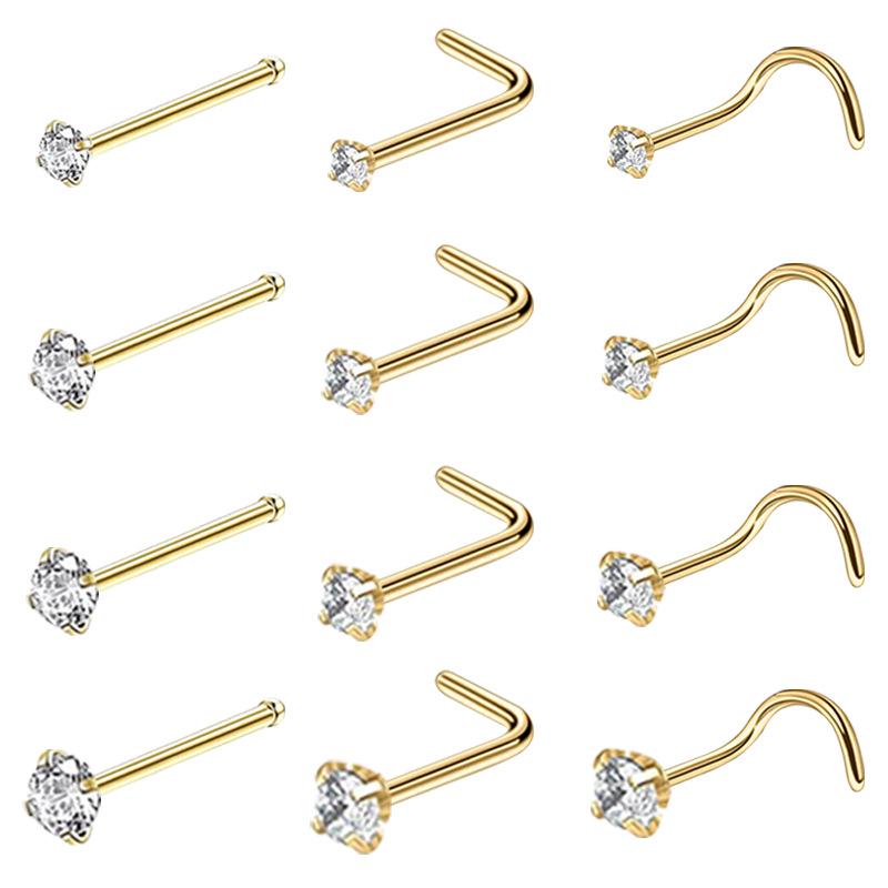 Zircon Stainless Steel Nose Stud & Nose Ring Set: 12 Style Options - Straight, Curved, L-Shaped Bars, and Combo Packs
