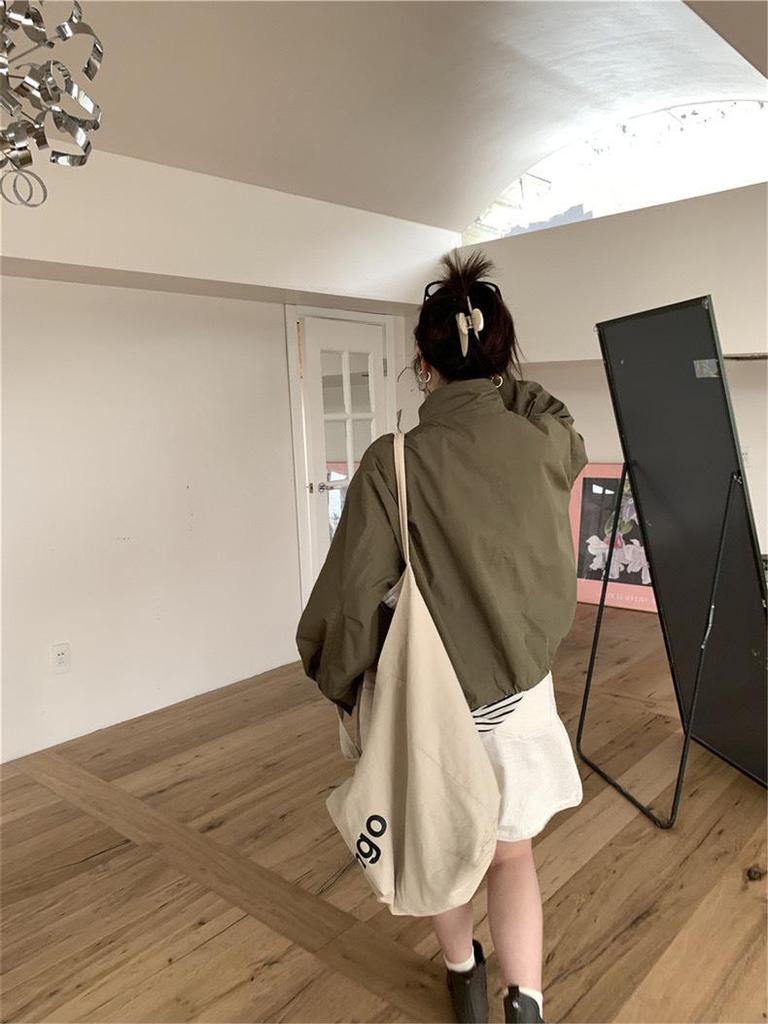Army Green High-Waist Stand-Collar Windbreaker - New Autumn and Spring Style Jacket