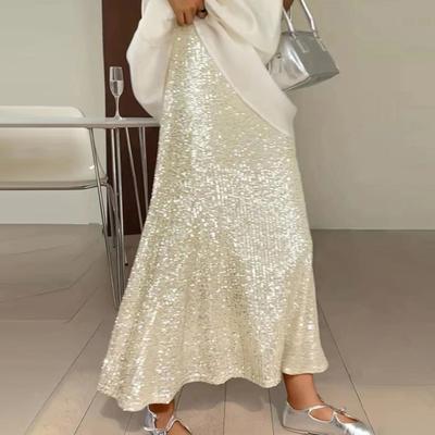 Jupe longue élastique taille haute pour femme avec doublure et paillettes brillantes