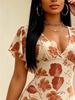 Women's Cream Base Rust Floral Print V-Neck Flutter Sleeve Maxi Dress, High Waist Slim Fit Elegant A-line Workwear for Spring Summer