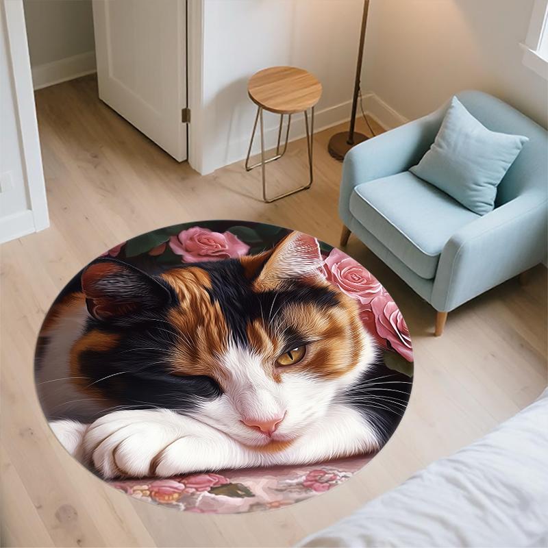 Pink calico cat pattern round rug,Carpet Rug for Living Room Bedroom Playroom ,Non-slip Floor Mat,Holiday Gifts and Birthday Gifts.