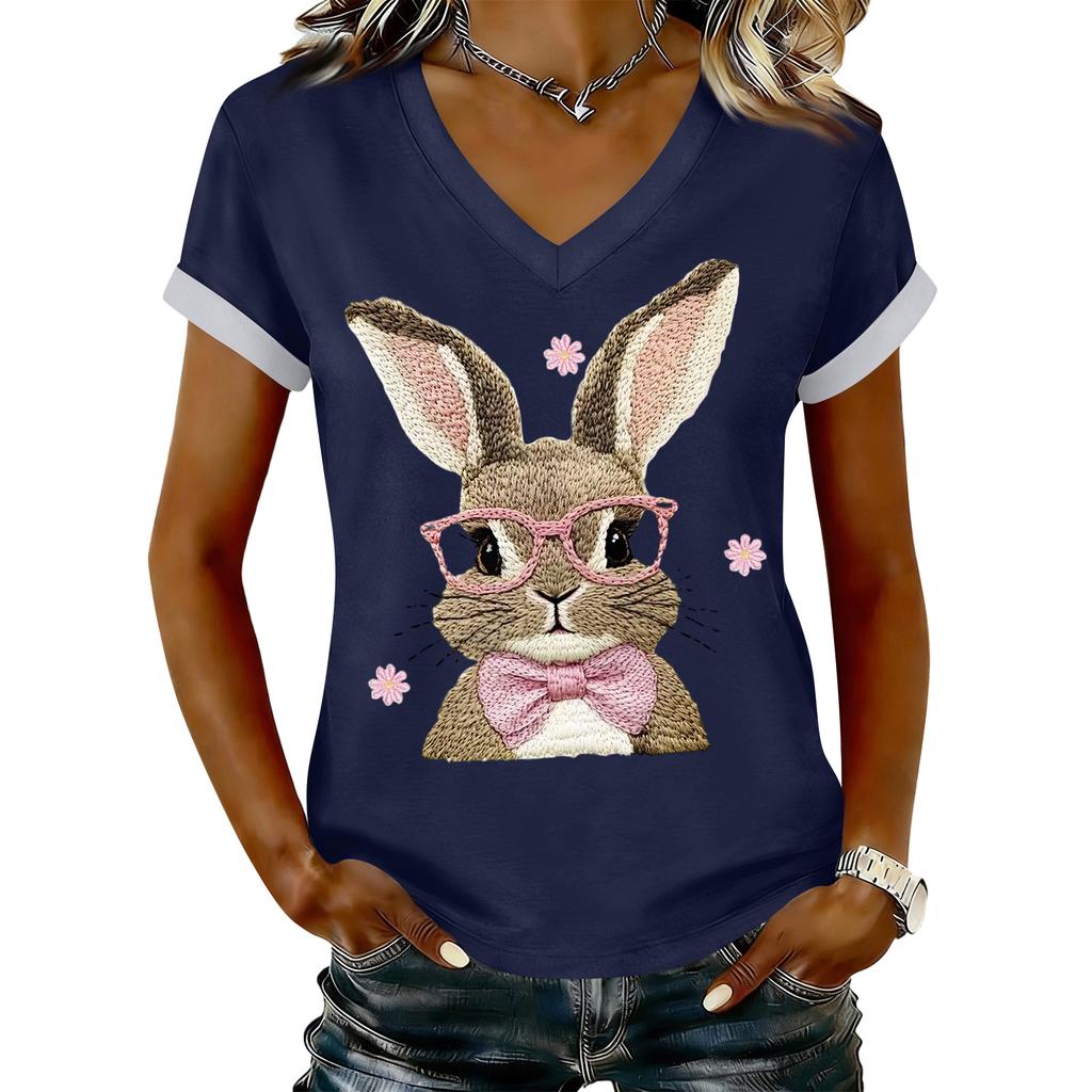 Women's Casual Printed T-Shirt V Neck Pullover Short Sleeve Top