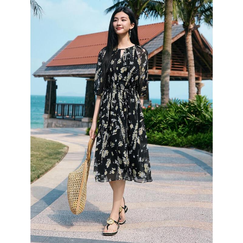 

Jiu Zi Anna Kou Elegant Printed Chiffon Cinch-Waist Summer Dress 3XL