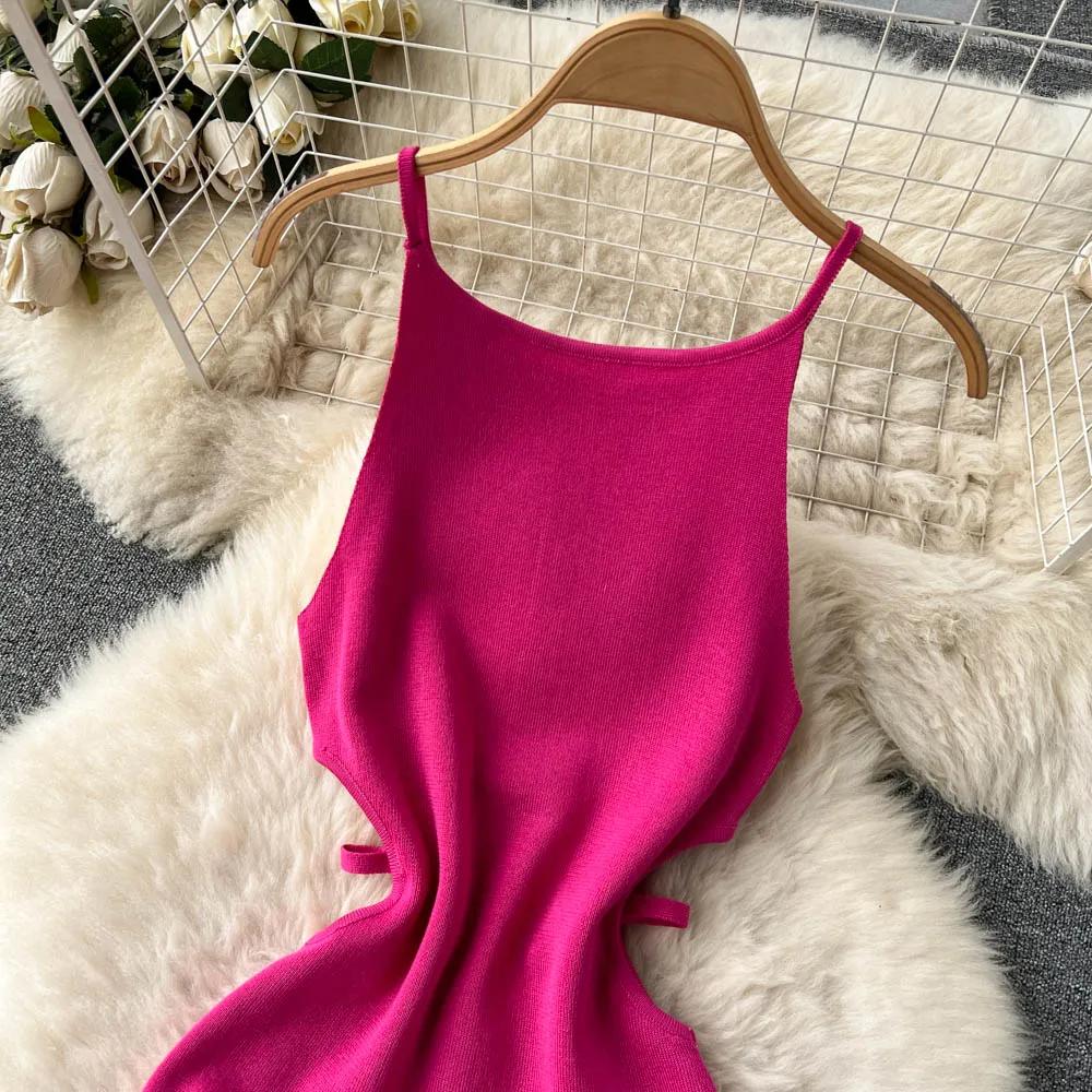 Summer Knit Sexy Strap Dress Women Elatic Waist Bodycon Sundress Female Beach Split Backless Long Dress