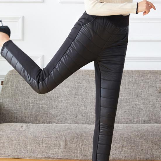 Damen Baumwollhose, elastische hohe Taille, gerades Bein, lange Hose mit Taschen, Patchwork-Farbe, verdickte Stepphose