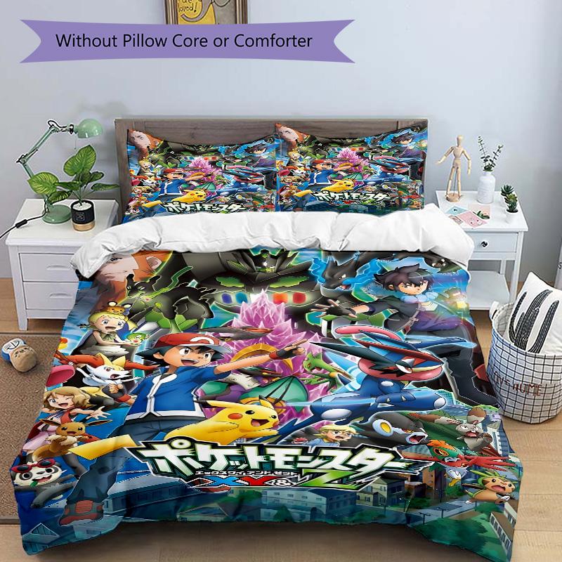 Pocket Monsters Xy Z Print 3Pcs Bedding Set,Duvet Cover with 2 Bedro,Pillowcase Home Birthday Gift