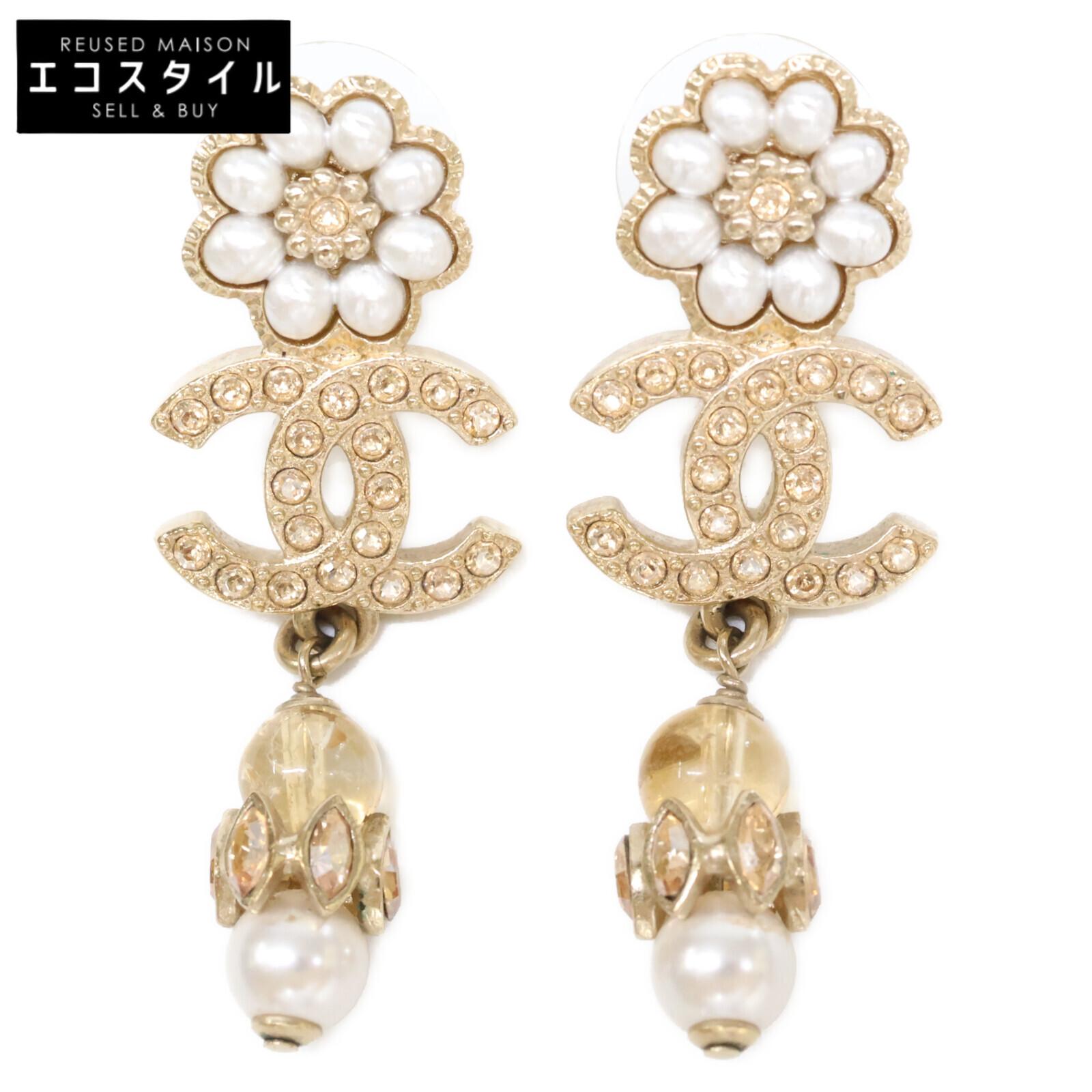 

CHANEL B22K Flower CC Logos Rhinestone Pearl earring Yellow GoldUsed