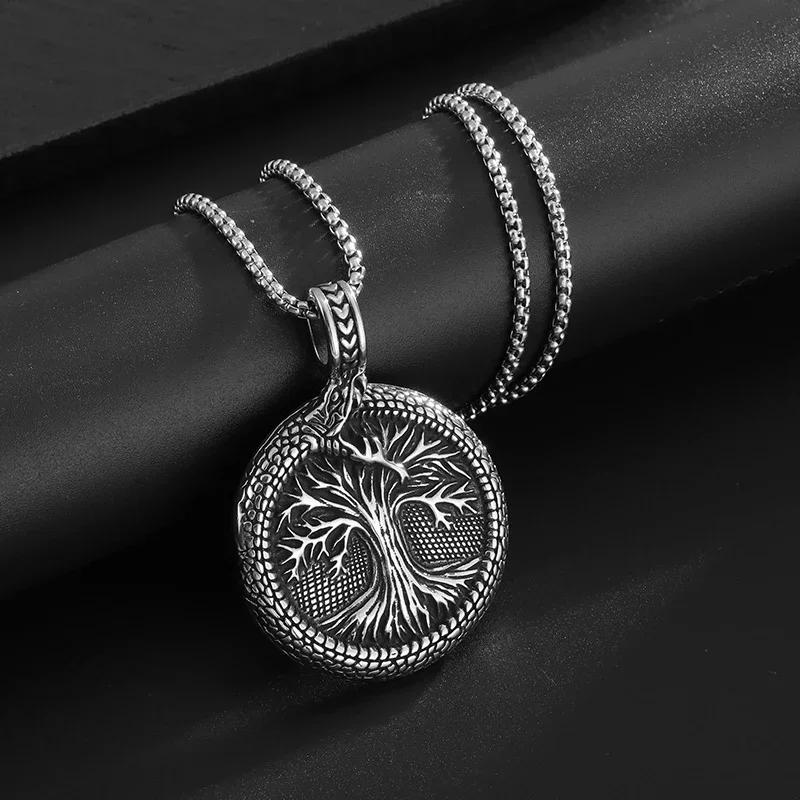 Retro Domineering Ouroboros Wrapped Around The Tree of Life Pendant Necklace Men's Personalized Punk Cool Casual Jewelry Gift
