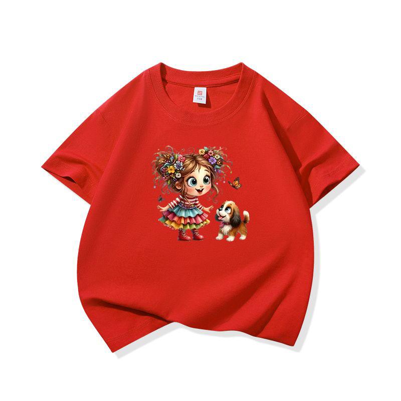 Kids Cotton T Shirt Girl Wear Colorful Dress With Puppy Dog Print Crew Neck Short Sleeve Tee Casual Boys Girls Summer Tops