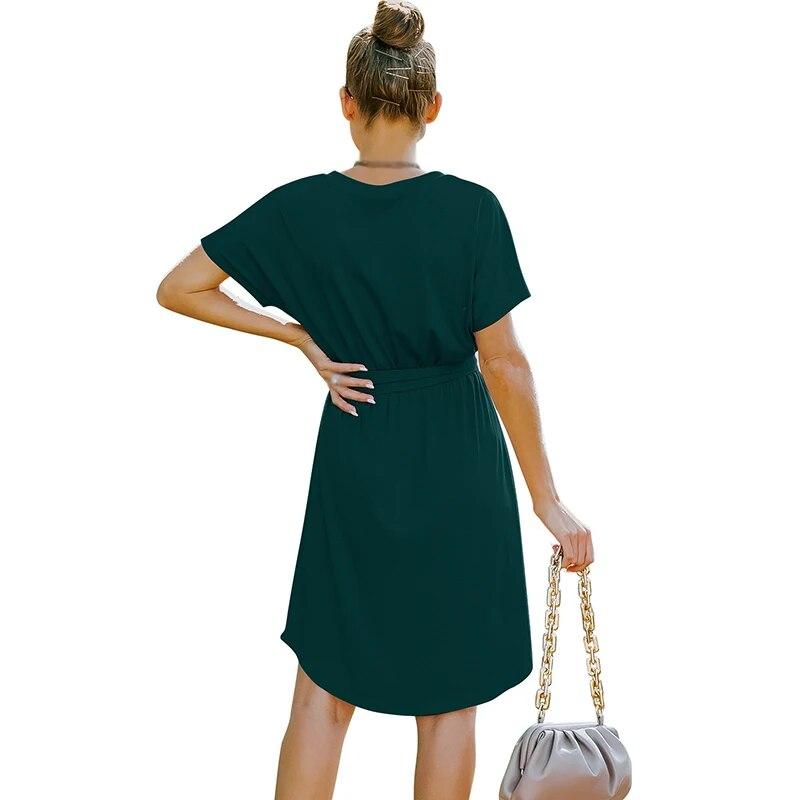 Mini abito da donna a vita alta manica corta abito fluido di base vestibilità ampia scollo a V tinta unita abito da festa con cintura