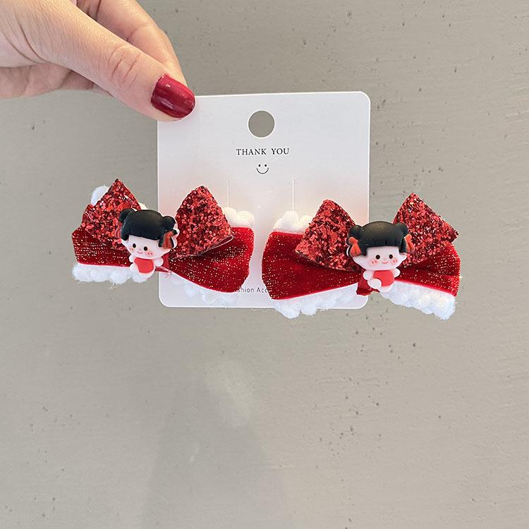 Red New Year Pearl Tassel Pompon Hair Clips for Children - Hanfu Style
