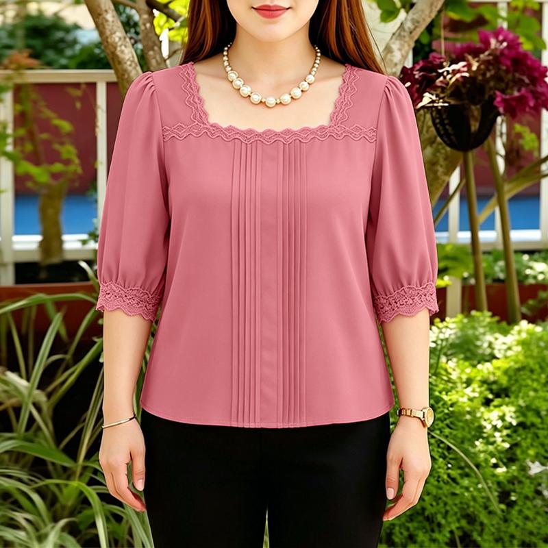 ZANZEA Women Casual Lace Splice Square Collar 3/4 Sleeve Blouse S