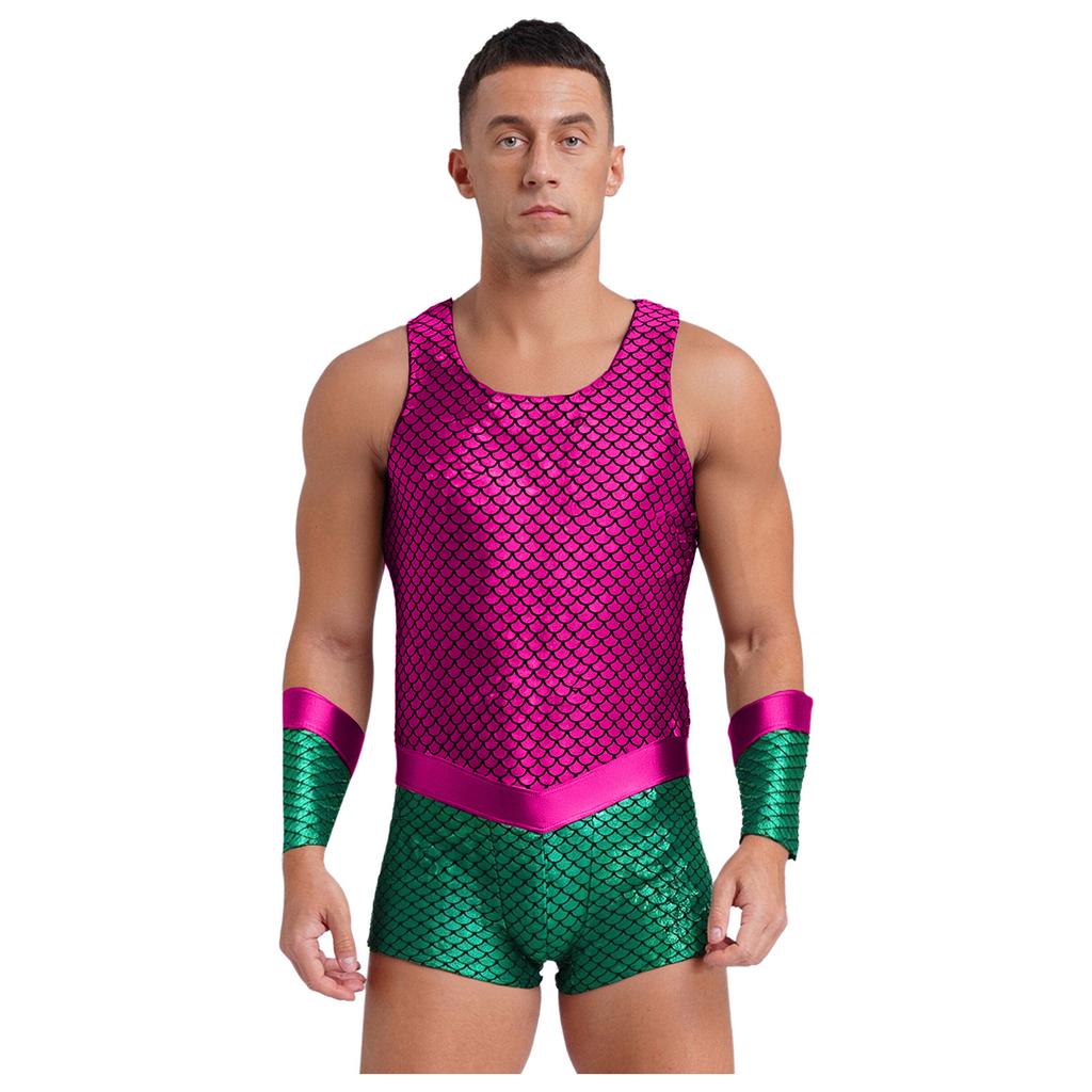 Men Sleeveless Fish Scales Print Bodysuit Sea King Sea God Halloween Cosplay Arm Sleeves Costume