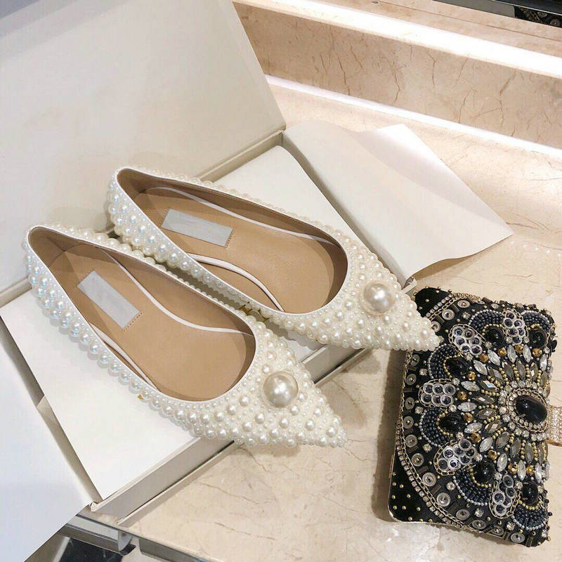 Pointed Pearl High Heels Single Shoes Flat Leather Soles With Sweet Party Sandals Wedding Shoes