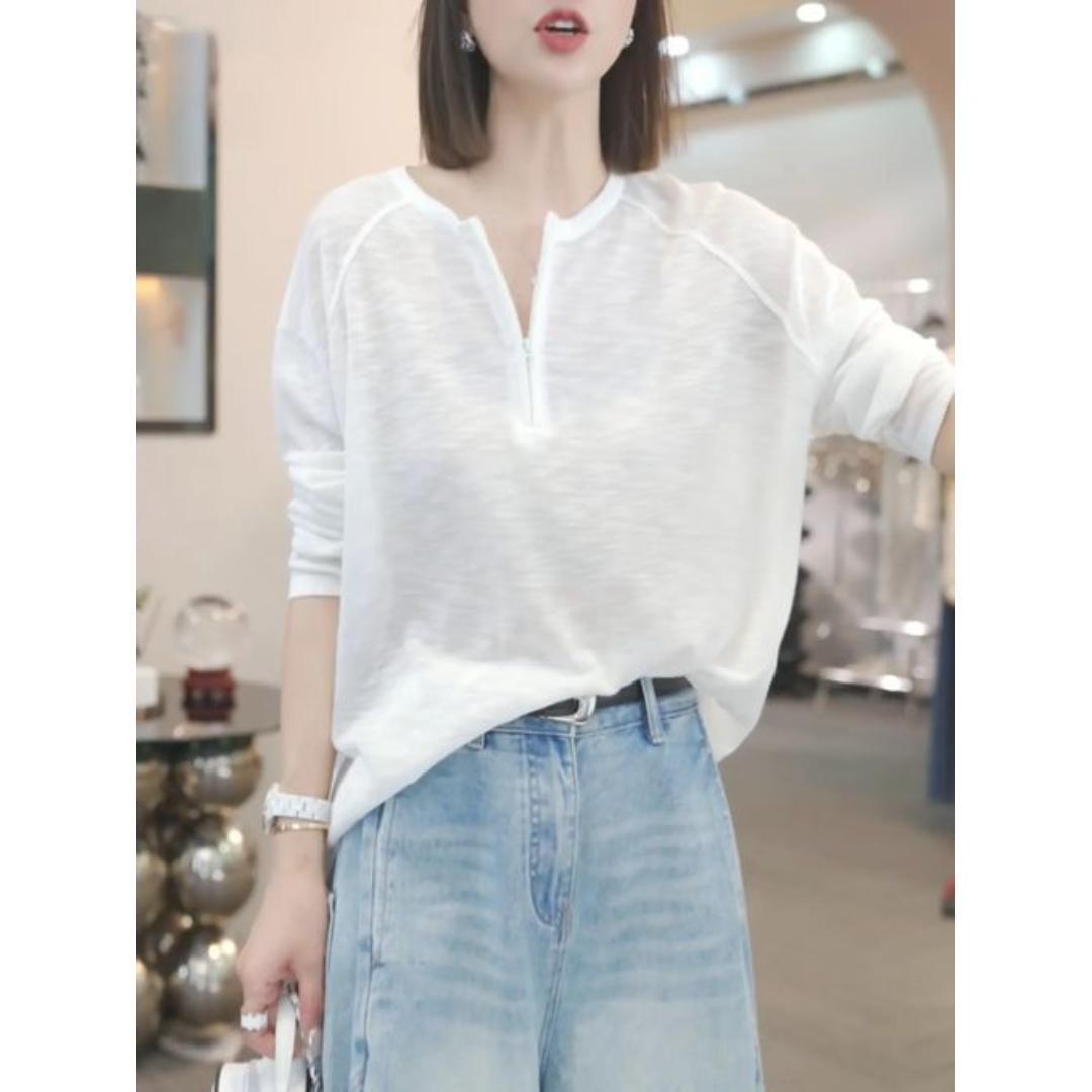 

Women s 2025 Autumn Sun Protection Half-Zip Long Sleeve Loose Top 4XL (for 185-210 kg) белый