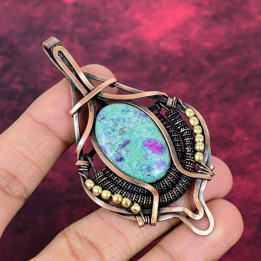 Ruby Fuchsite Real Gemstone Pendant Copper Wire Wrapped Jewelry Handmade Pendant