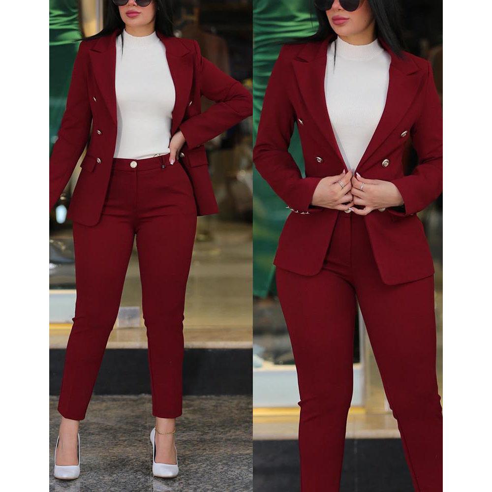 Elegant Office Lady Two Piece Sets Autumn Winter Women Fashion Notched Neck Long Sleeve Blazer & High Waist Work Pants Suit