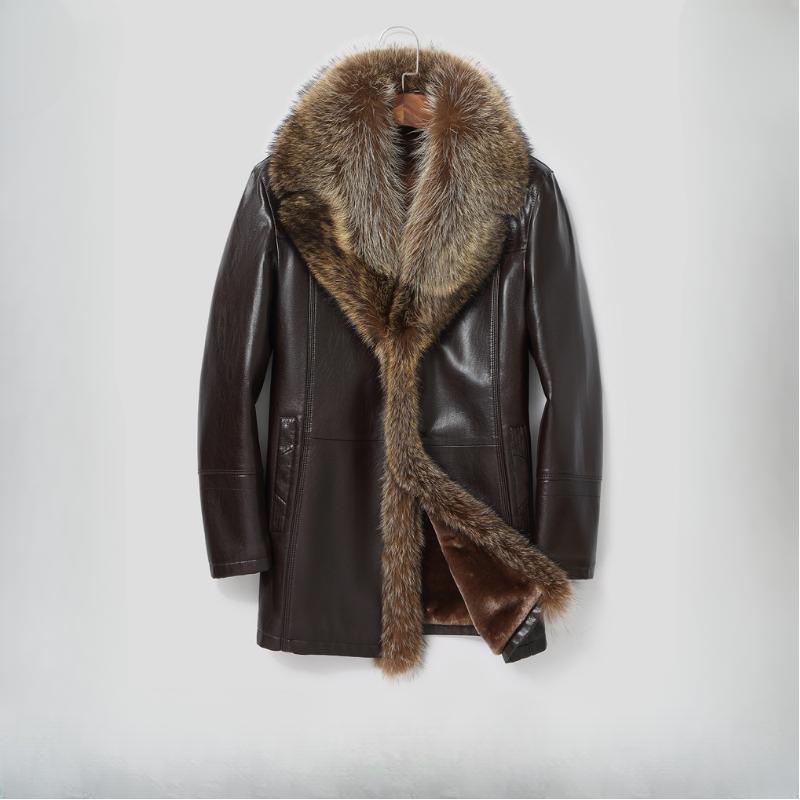 Genuine Leather Leather Jacket Men's Medium-length Suit Collar Fur One Leather Jacket Men's Raccoon Fur Collar Coat