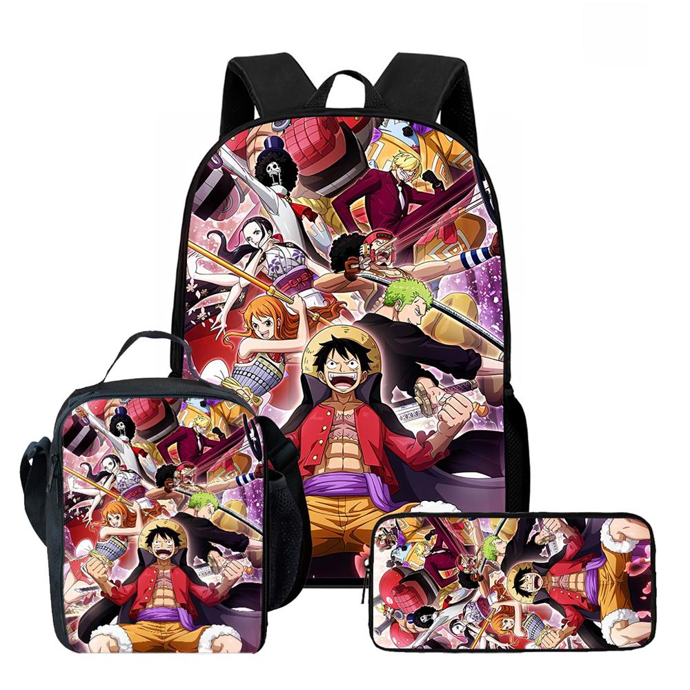 One Piece 15 Inch 3 Pcs Cartoon School Backpack Set Lightweight Bag With Lunch Bag Pencil Case For Boys Girls Grade 1-3 Mochila