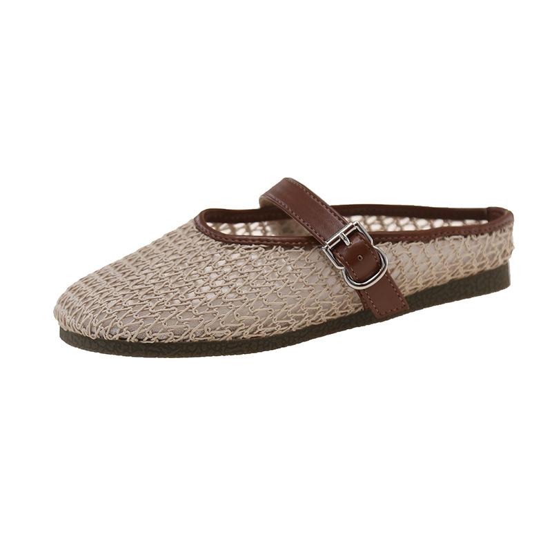 Baotou half slippers women's outer wear 2025 summer new breathable woven flat bottom pedal with skirt Roman sandals