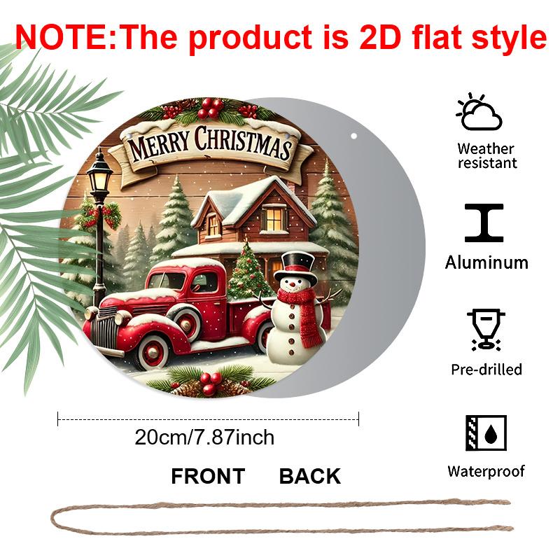 2D Flat, 1pc Round Merry Christmas Vintage Aluminum Hanging Ornament, Snowy Cabin Pine Tree Holly Berry Winter Scene Print, Metal Wall Door Hanging