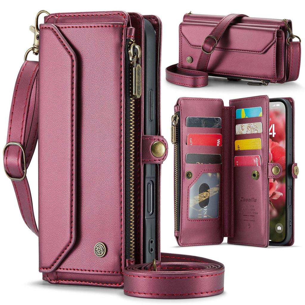 CaseMe (C36) Crossbody Wallet Case For iPhone 13 14 15 16 Pro Max Zipper Wrise Multi-functional Flip PU Leather Card Slots Holder Cover Protector