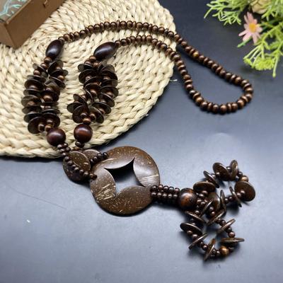 Bohemian Long Necklace: Coconut Shell, Wood Bead, Cotton Linen Style