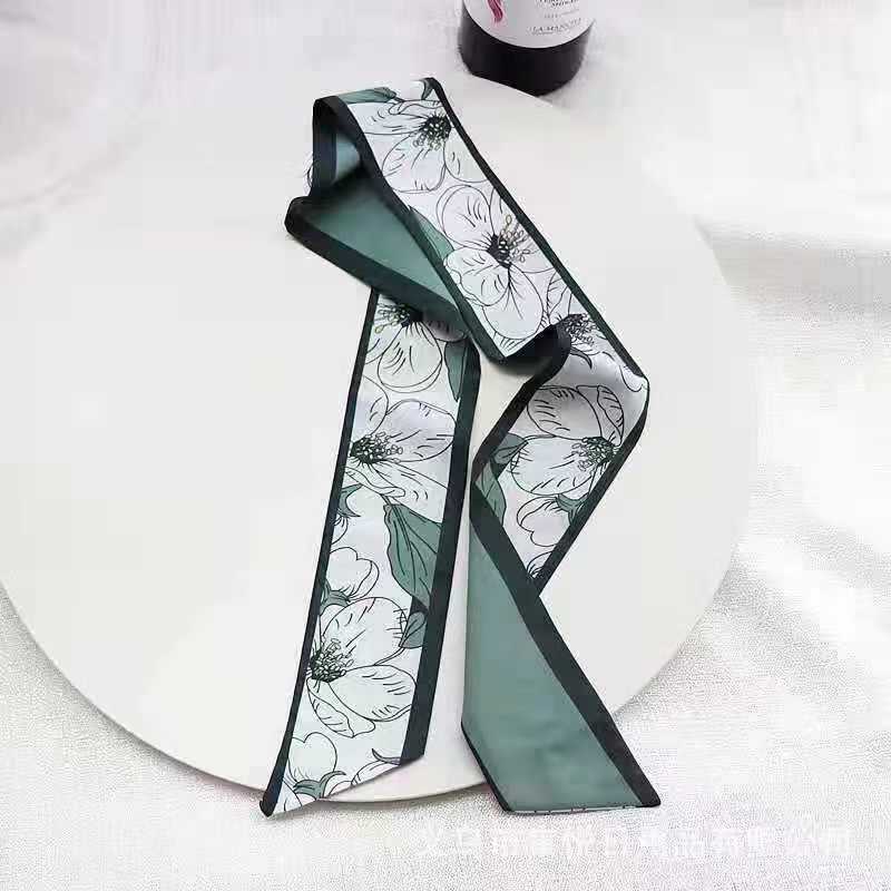 Small White And Tender Green Silk Scarf For Women, Thin Streamer, Headband, Hair Tie, Bag Decoration Long