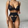 3PC Flower Lace Women Sexy Lingerie Wireless Bra + Thong + Gareter Pajamas Set