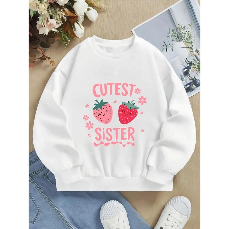 Girls' Crewneck Sweatshirt - Cute Strawberry Faces And Flowers Machine Washable, Spring And Autumn
