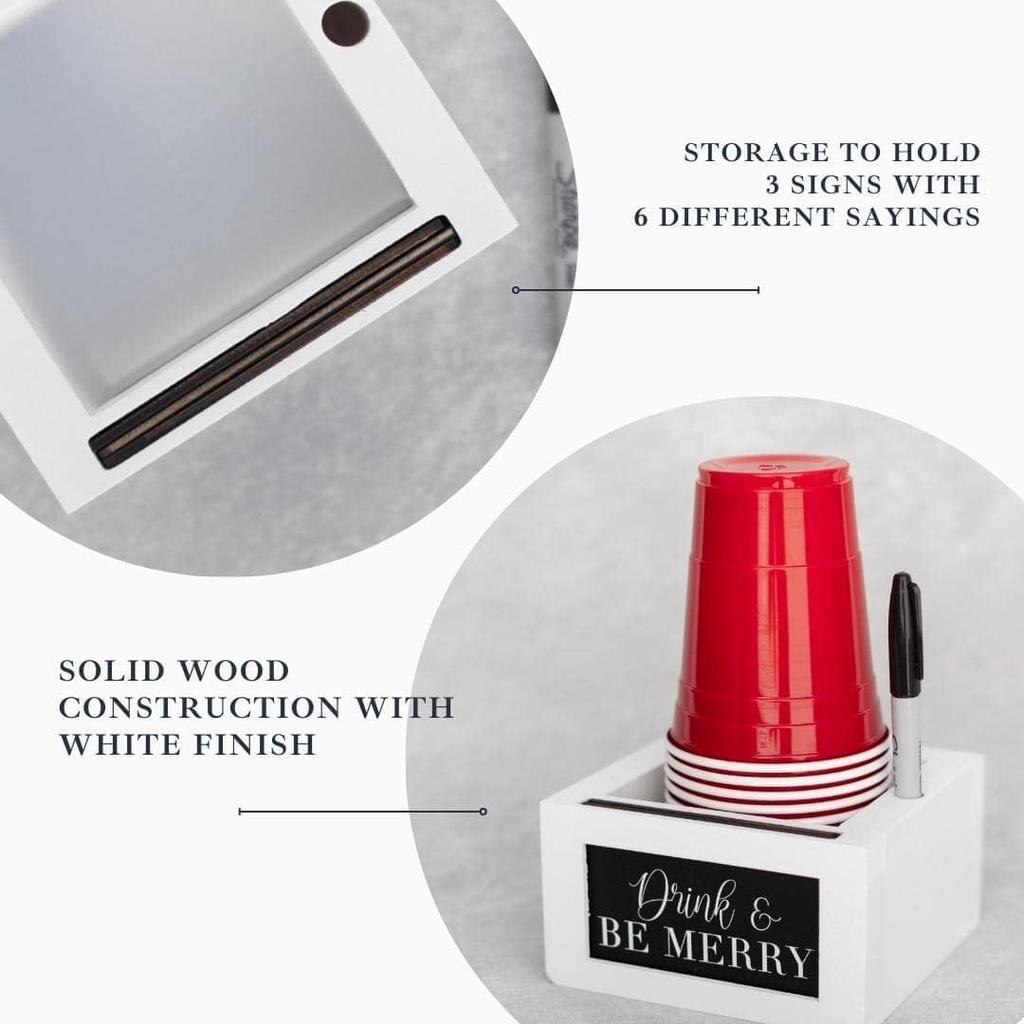 White Wood Mark Your Cup and Drink Up Cup Holder - Hosting Essentials Cup Dispenser with Interchangeable Signs- Coffee Cup Holder with Marker Slot-