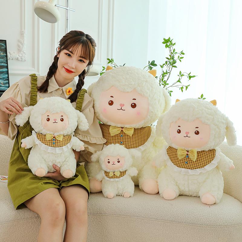Cute clouds, lambs, plush toys, little sheep, girls sleeping in bed, holding dolls, pillows, dolls, gifts