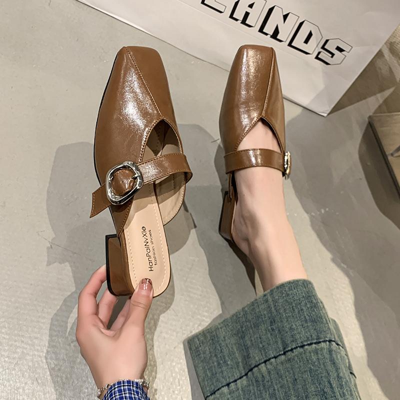 Women's Outdoor Summer Spring Square Head Slip-On Sandals with Buckle Casual Thick Heel Covered Toe Semi-Slipper