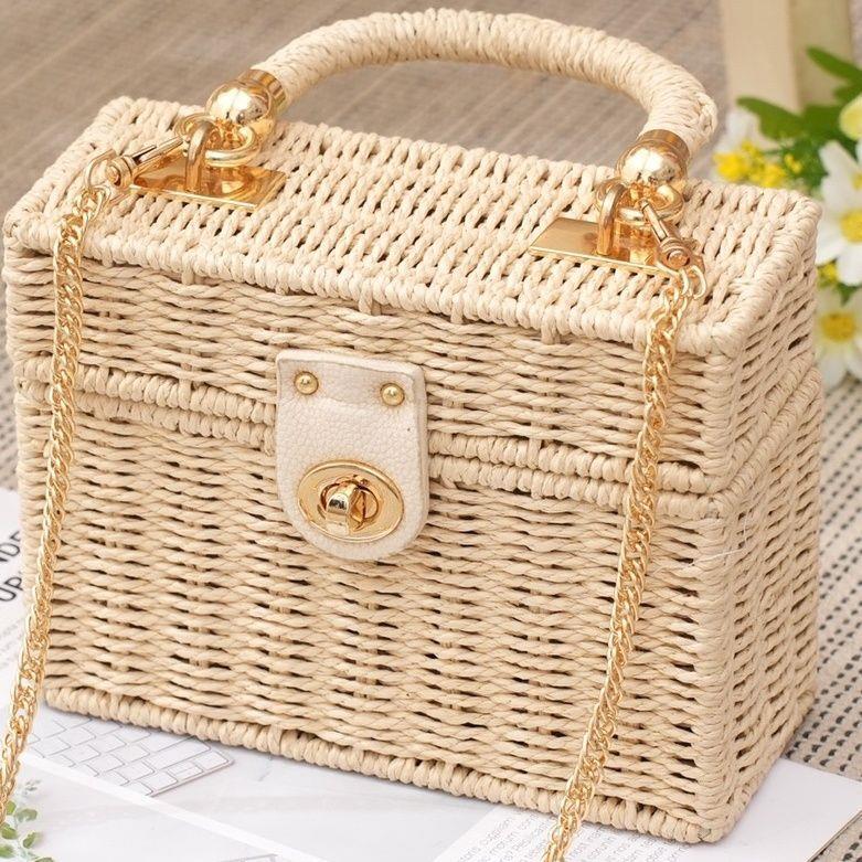 Borsa a tracolla in paglia da donna - Stile influencer francese - Piccola trousse da trucco portatile casual