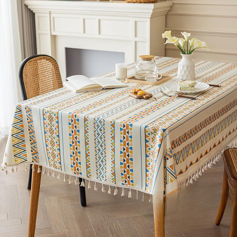 Cotton Linen Rectangle Tablecloth Boho Tassel Farmhouse Tablecloth Wrinkle Free Indoor Outdoor Table Cover for Party, Picnic, Kitchen Dining Room