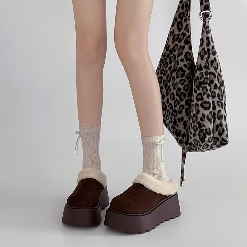 Korean version of casual fluff eversion platform slippers wear autumn and winter retro fashion versatile women's cotton slippers