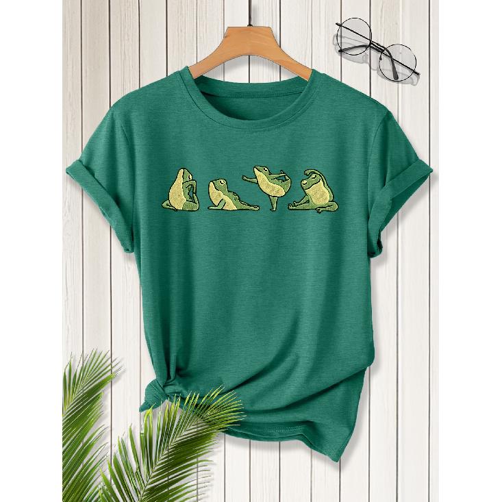 Elegant short-sleeved dress for women Cute Yoga Frog Print Crew Neck T Shirt Suitable for spring wear Summer Autumn Winter fashion